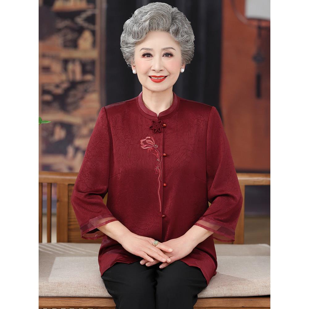 老年人妈妈春夏装新中式上衣洋气高贵奶奶装红色衬衫中国风衬衣女
