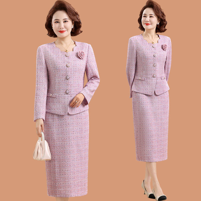 妈妈春装假两件小香风连衣裙中老年喜婆婆婚宴装2026新款结婚礼服