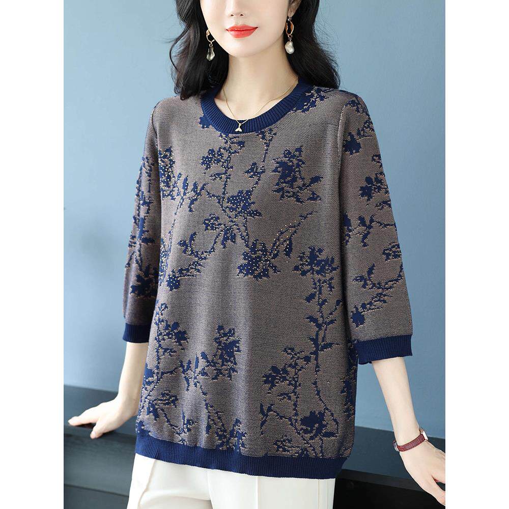 胖妈妈秋季七分袖针织衫桑蚕丝t恤中老年女装宽松特大码遮肚上衣