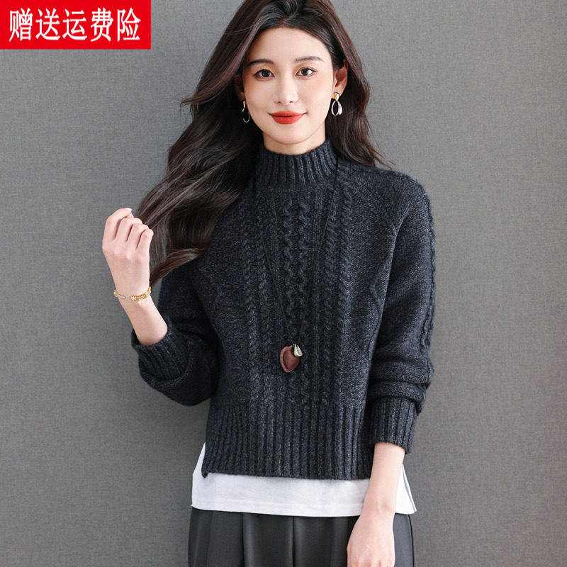 2025秋冬新款半高领麻花编织毛衣女秋冬短款加厚百搭宽松针织衫