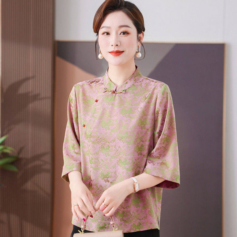 夏装妈妈中式真丝小衫新款洋气立领宽松中老年人女100%桑蚕丝大码
