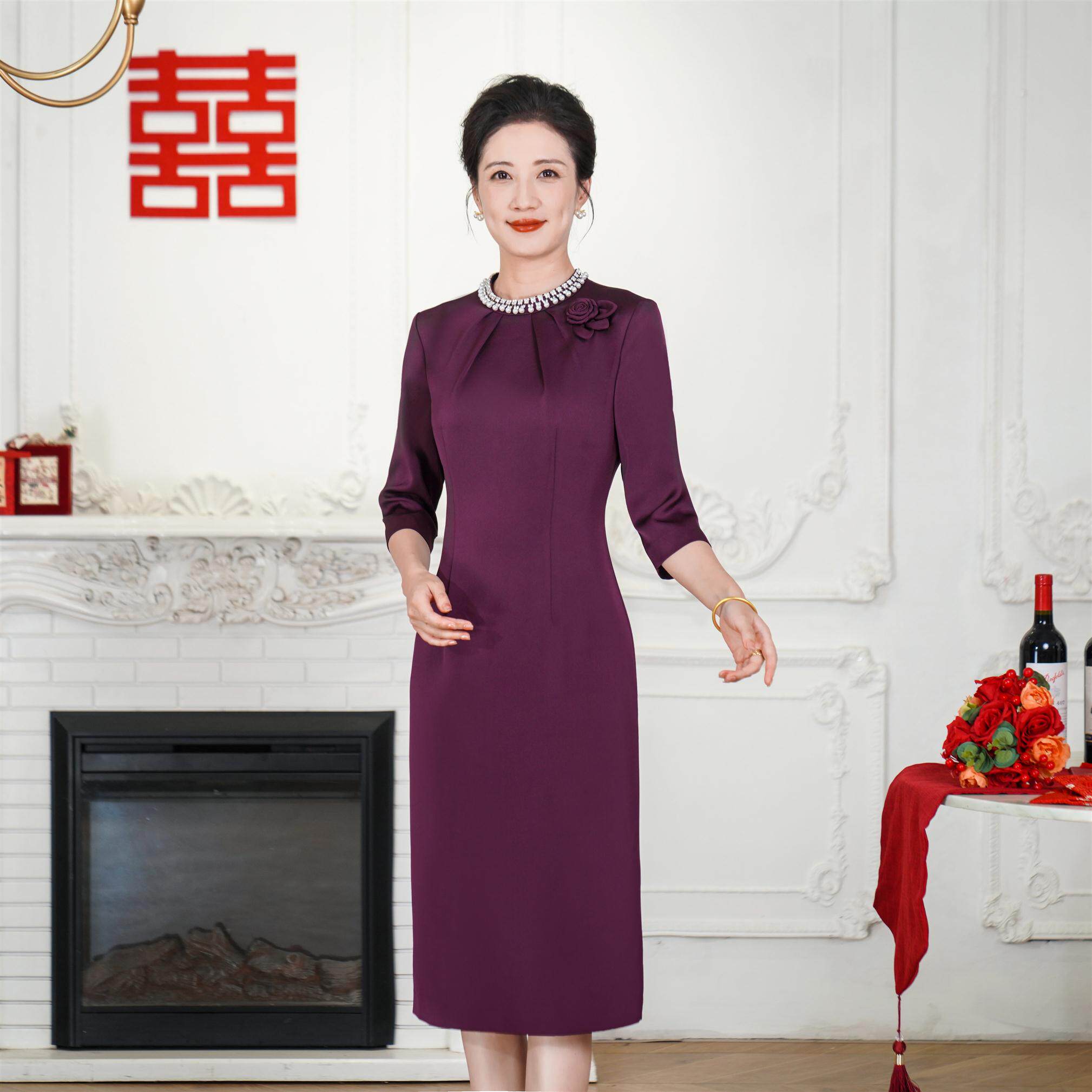 婚宴妈妈装礼服紫色高端年轻款秋季平时可穿显瘦结婚喜婆婆连衣裙