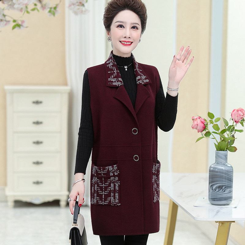 中长款妈妈装秋冬羊绒针织马甲开衫女中老年大码坎肩马夹背心外套