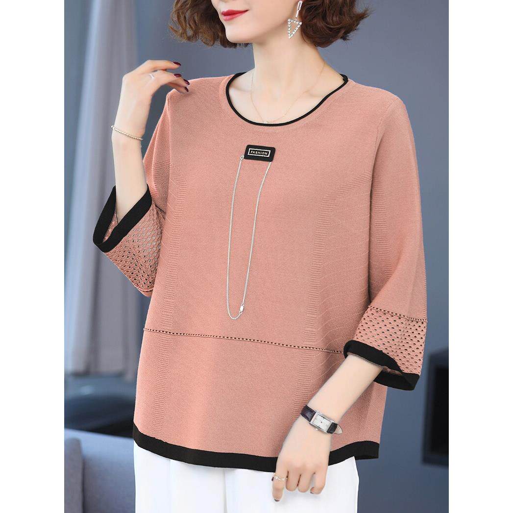 中年妈妈夏季冰丝T恤衫女宽松加肥特大码七分袖桑蚕丝针织薄上衣