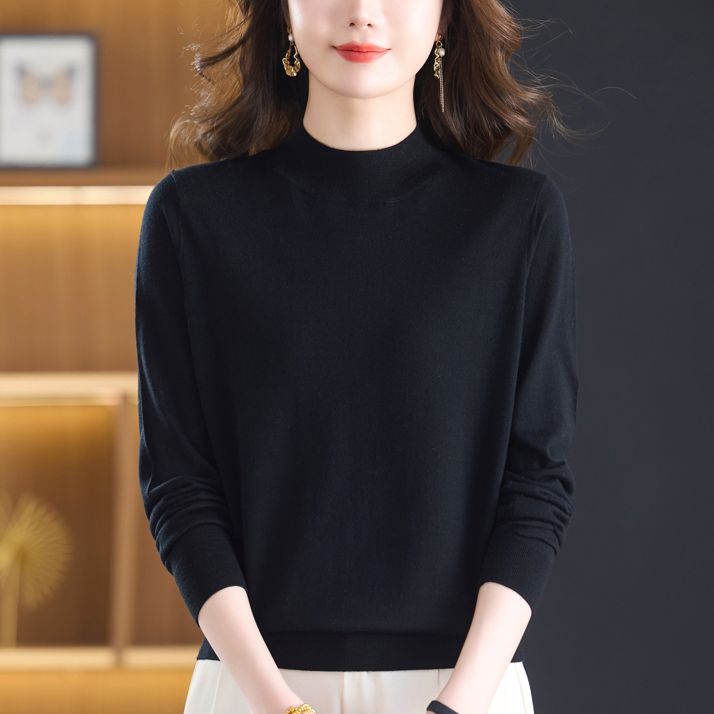 美丽诺精纺超细丝光羊毛衫女士职场春秋薄款半高领毛衣针织打底衫