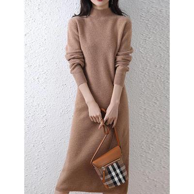 秋冬过膝连衣裙针织羊毛衫女长款毛衣裙内搭保暖加厚半高领打底裙