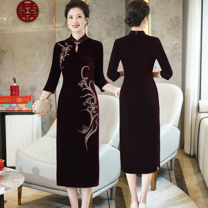 喜婆婆婚宴装婚礼服旗袍长裙高贵金丝绒妈妈结婚礼服气质连衣裙图片