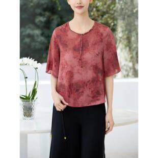 女装 2026夏季 新款 圆领流苏气质印花真丝国风中袖 2698 上衣T恤小衫