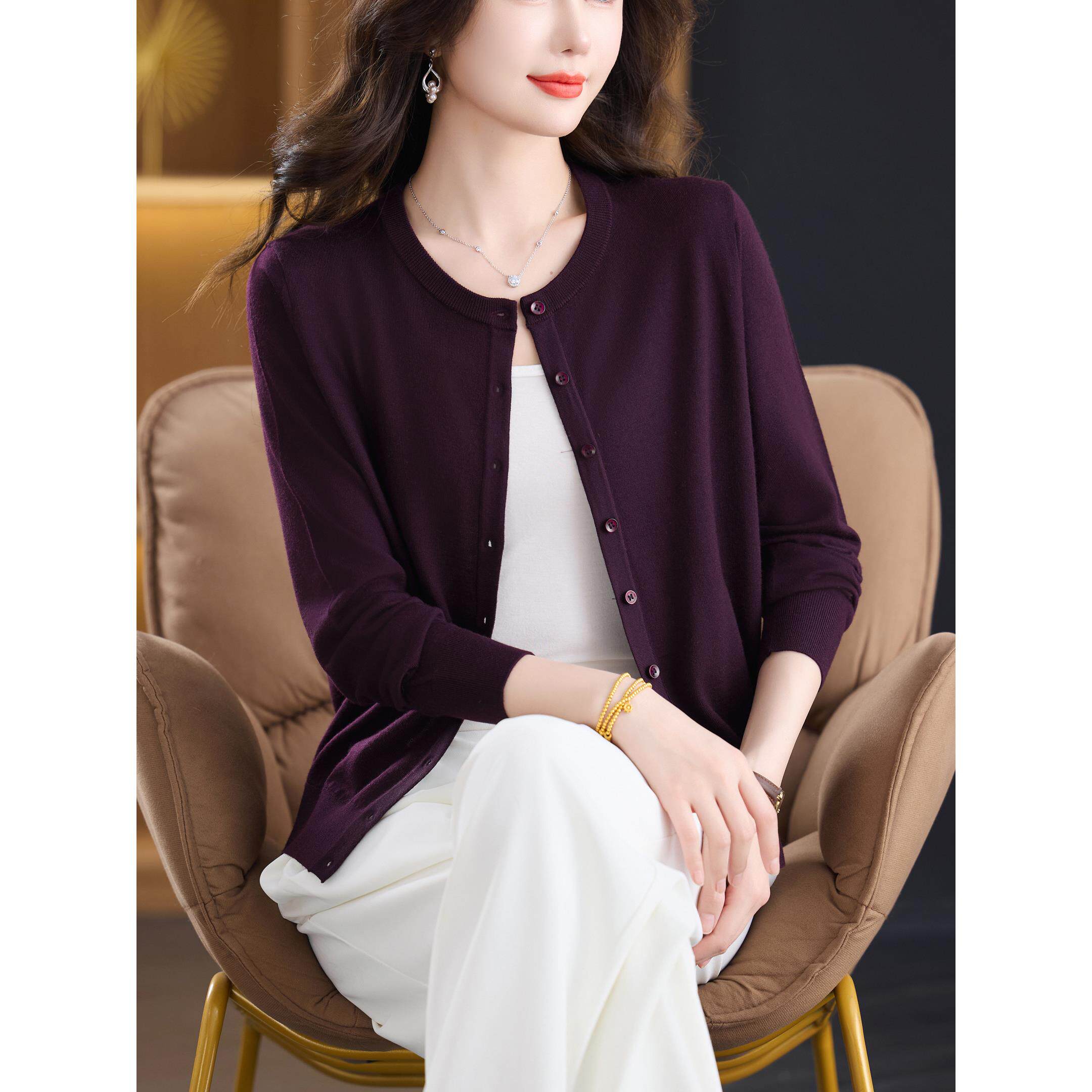 极简风圆领100%美丽诺羊毛开衫女妈妈装开襟薄款宽松针织外套春季