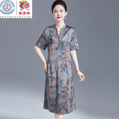 恒源祥彩羊妈妈夏装真丝连衣裙女夏季新款中老年香云纱桑蚕丝裙子