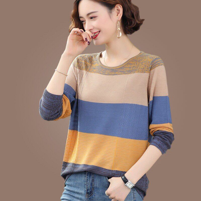 中年妈妈装羊毛衫短款春装条纹圆领薄款宽松大码针织衫T恤女长袖