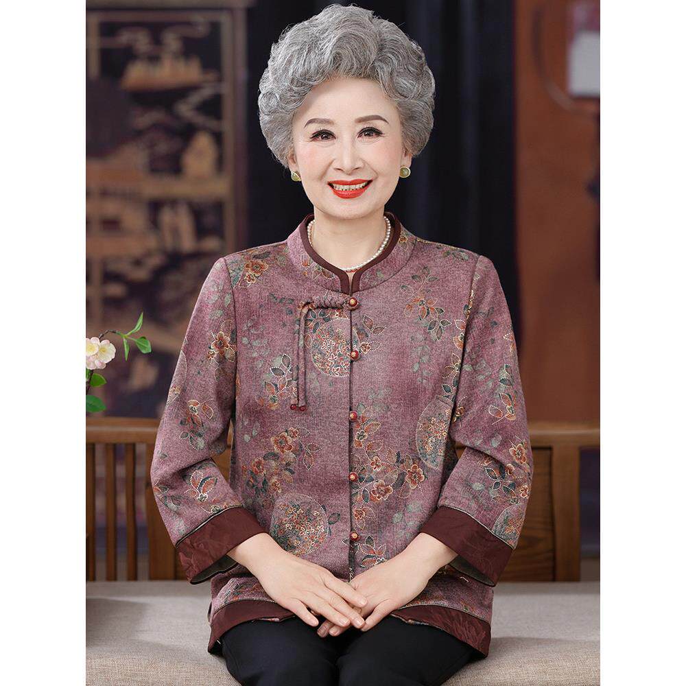 奶奶装秋季衬衫中国风外套妈妈上衣宽松中老年人女60岁70老人衣服