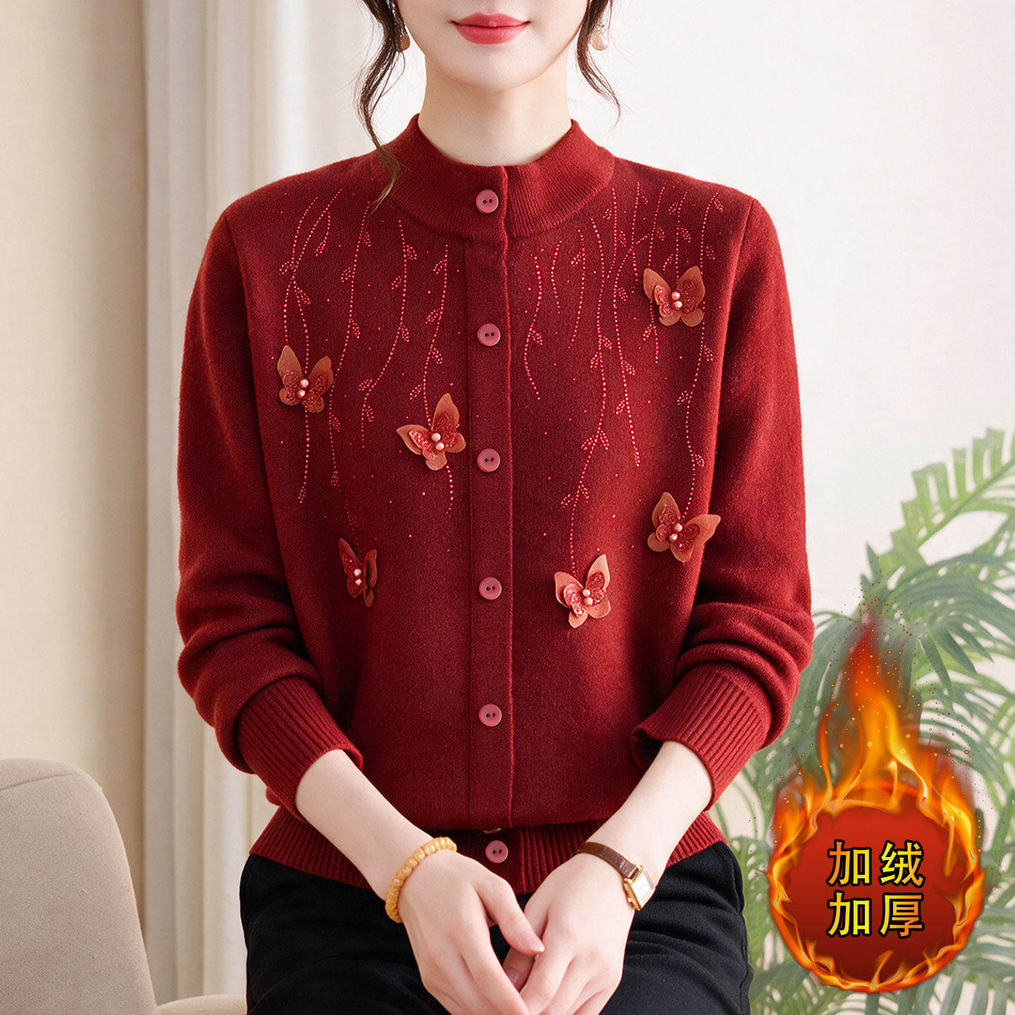 中年妈妈冬装绣花针织衫2026新款中老年秋冬打底衫上衣红色毛衣女