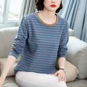 秋衣 宽松遮肚子中老年妈妈打底衫 棉质圆领条纹长袖 t恤女2026新款