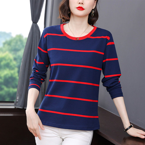 棉质大码宽松长袖条纹t恤女打底衫中年妈妈女装遮肚显瘦洋气上衣