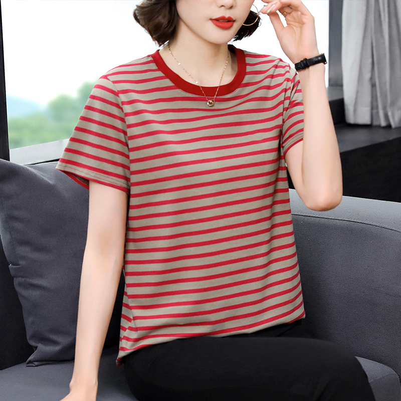 纯棉女短袖条纹宽松显瘦