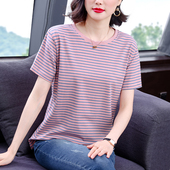 t恤女中年妈妈2025年夏装 新款 宽松大码 棉质短袖 条纹半袖 体恤上衣