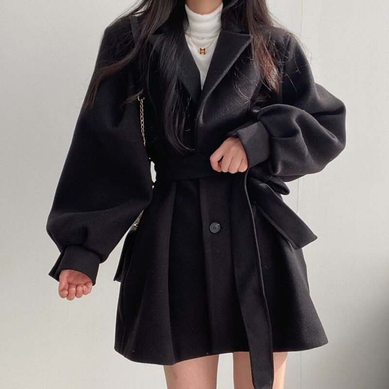 黑色收腰毛呢外套女小个子短款2025秋冬感西装宽松呢子大衣女
