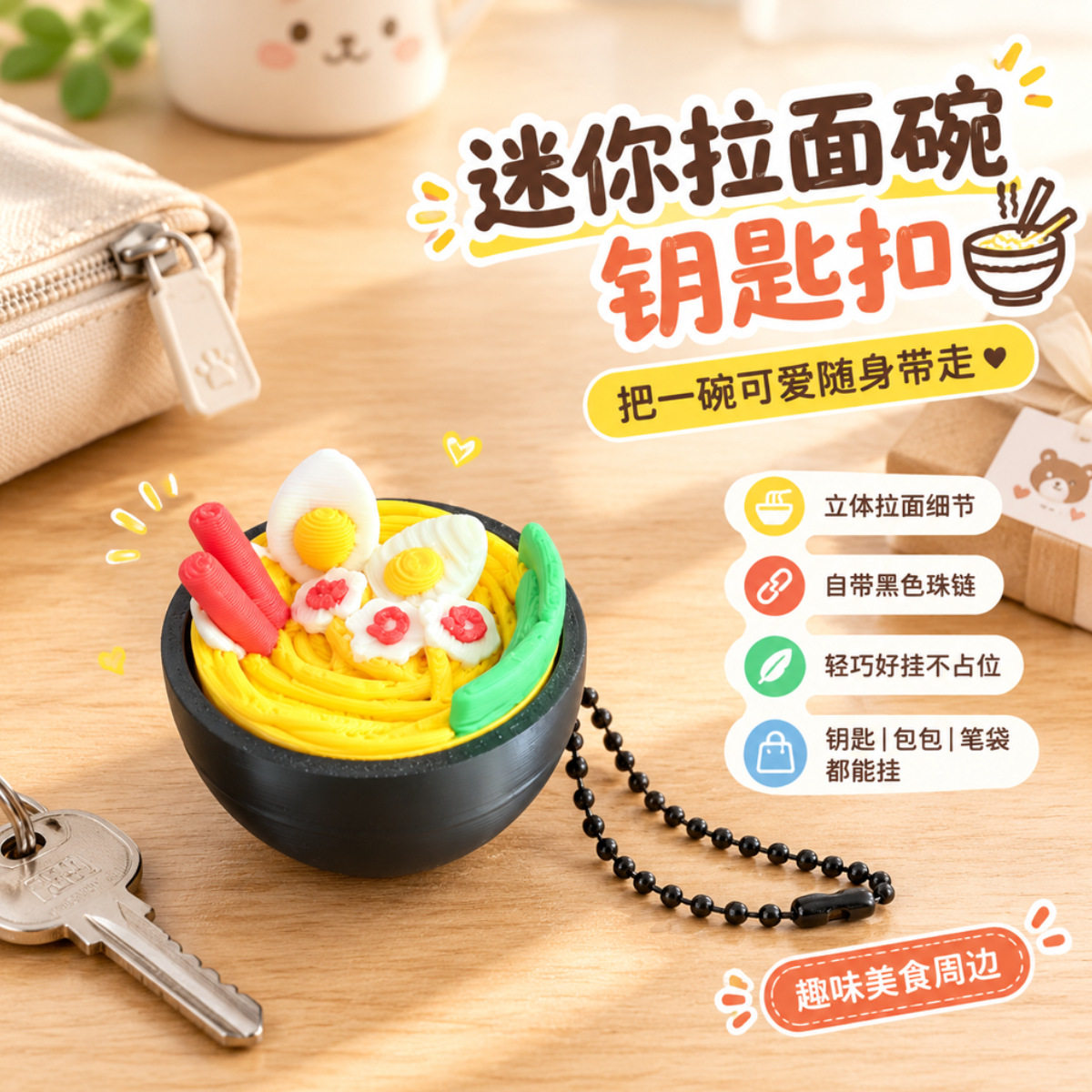 新品桌面装饰仿真拉面碗点击器钥匙链解压玩具钥匙扣食玩挂件