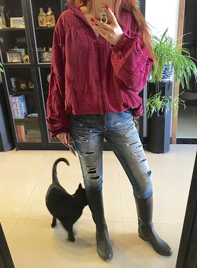 外贸牛货春季女装 复古100%真丝酒红休闲夹克外套 大码