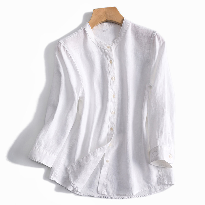 老pai外单 经典通勤 文艺风 袖口小猪刺绣亚麻圆领衬衫女休闲上衣