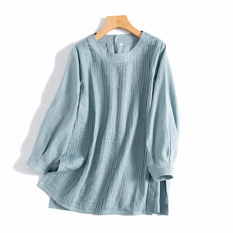 法guo亚麻 舒适52道压皱风琴褶皱侧开叉中长衫衬衫女文艺宽松上衣