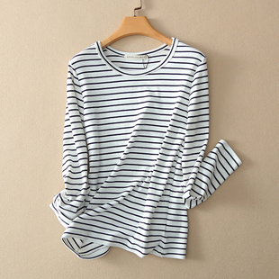 弹力修身加厚棉细条纹T恤圆领长袖打底衫女内搭秋冬