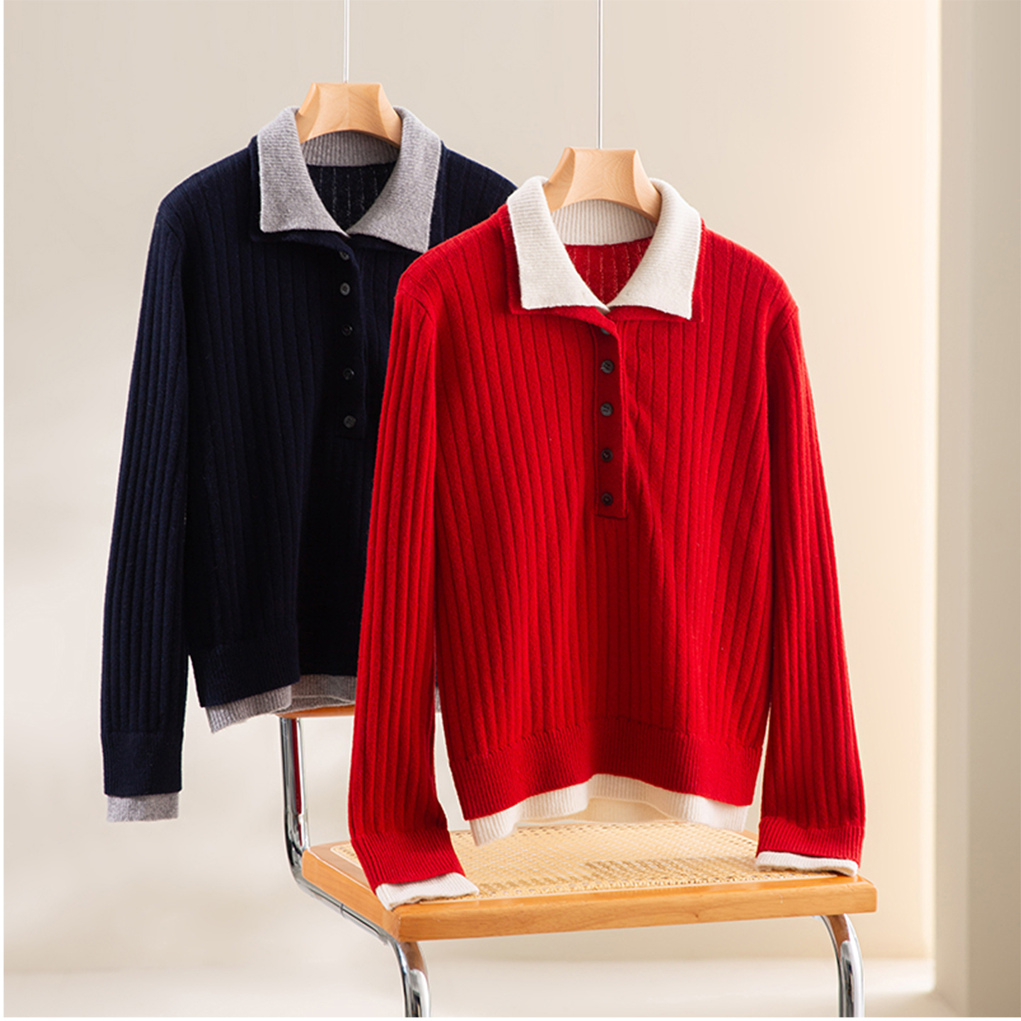 洋气翻领假两件撞色针织衫毛衣