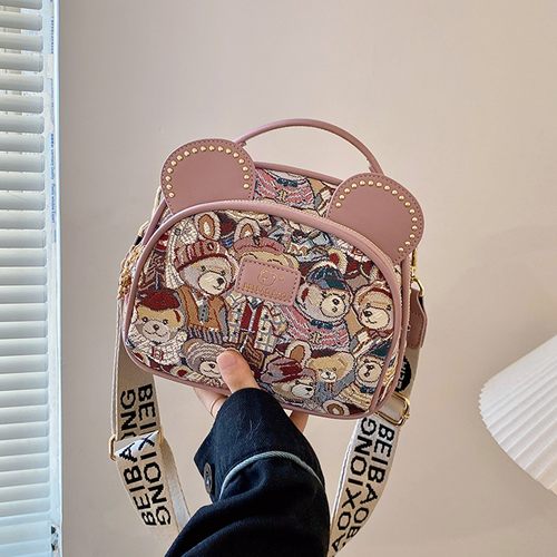小熊手机包百搭卡通宽肩带小方包