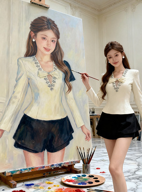 名媛气质蝴蝶结减龄气质修身上衣水钻装饰收腰短款千金衫15568