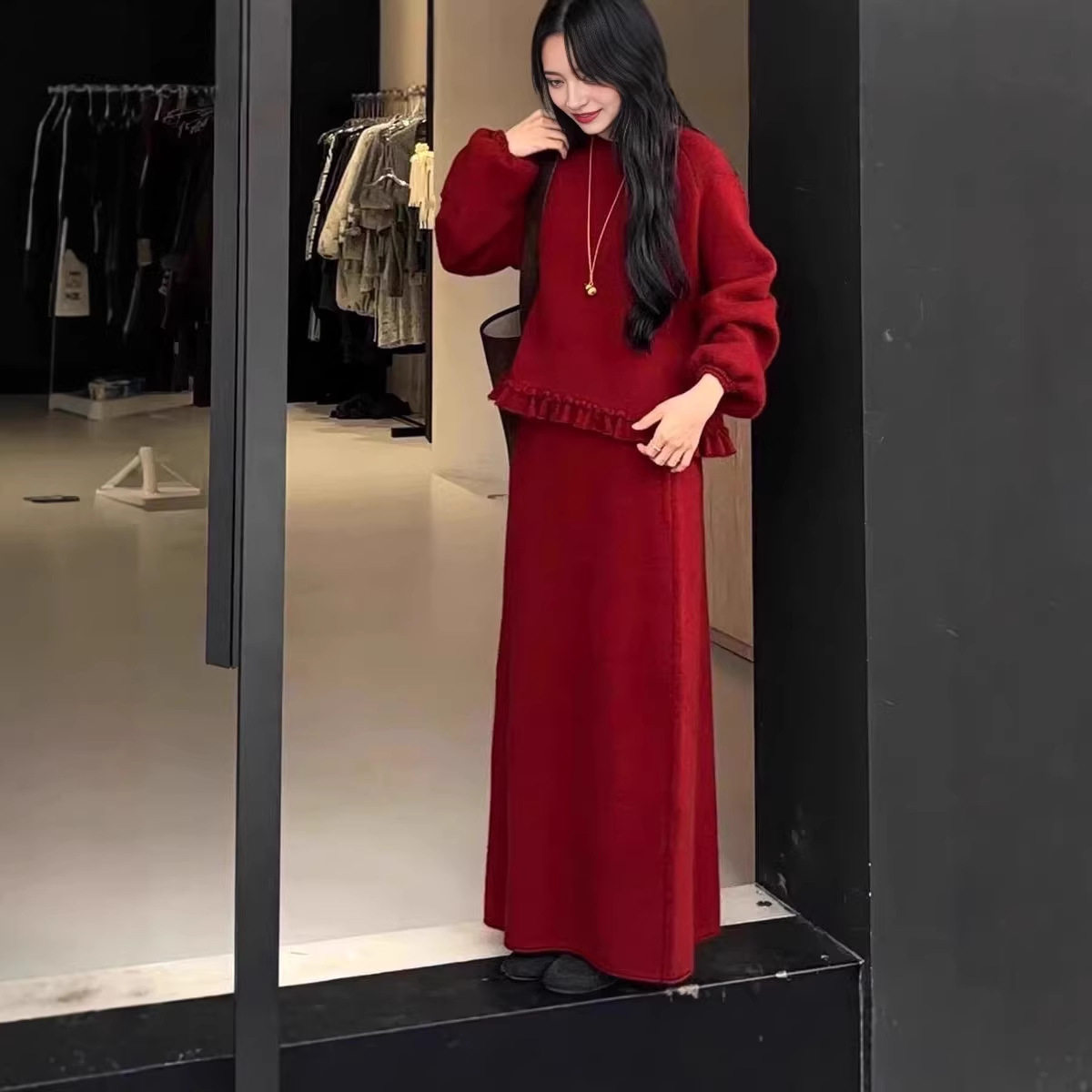 冬装搭配一整套宽松慵懒风红色针织毛衣套装裙女过年战袍两件套装