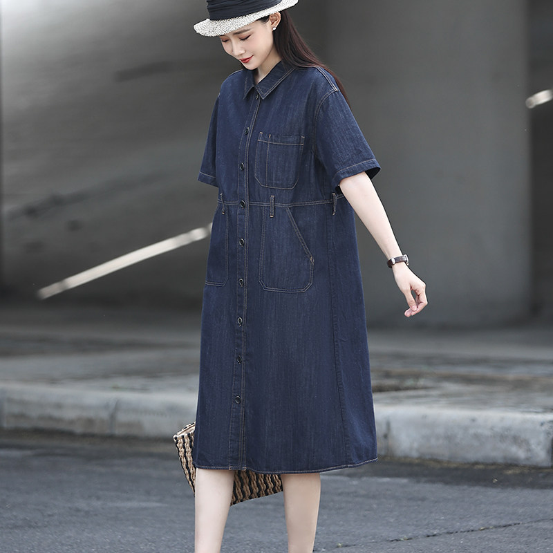 麻意 松弛感 日系天丝亚麻牛仔连衣裙夏季薄款中长款POLO领衬衫裙
