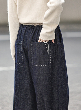 温暖全内衬 厚实柔软100%斜纹棉刺绣奶奶裤女九分休闲廓形牛仔裤