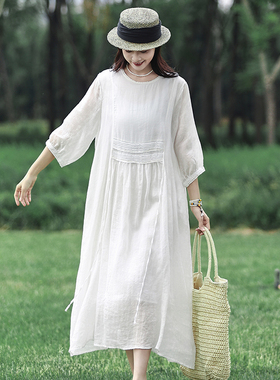 麻意 山野间 重工双层白色苎麻连衣裙清爽旅游泡泡袖仙气飘带长裙