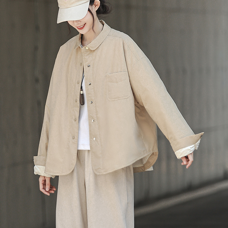 日系简约文艺女装柔软polo领夹棉衬衫外套女宽松短款小个子上衣