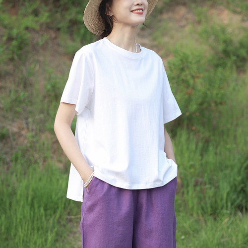 真心舒服 长绒棉百搭T恤女短袖宽松百搭简约日系前短后长上衣白色