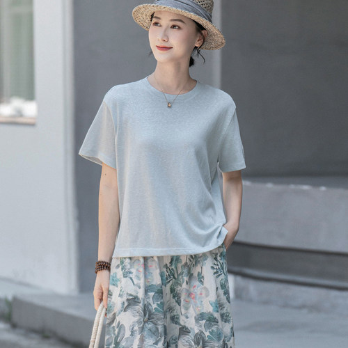 夏季棉麻凉感宽松女T恤度假风