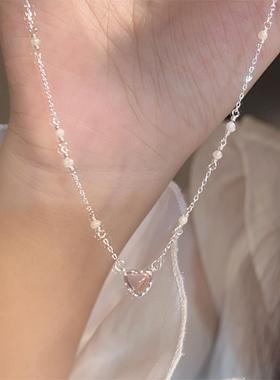 楚噢CHUO纯银S925银闪亮珍珠爱心锁骨链美人鱼项链吊坠甜生日礼物