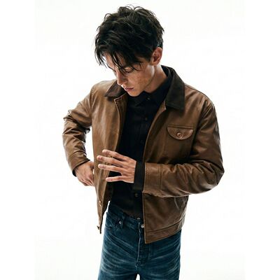 易盛易 复古机车PU皮衣夹克翻领拼色不规则骑行boxyfit版型外套