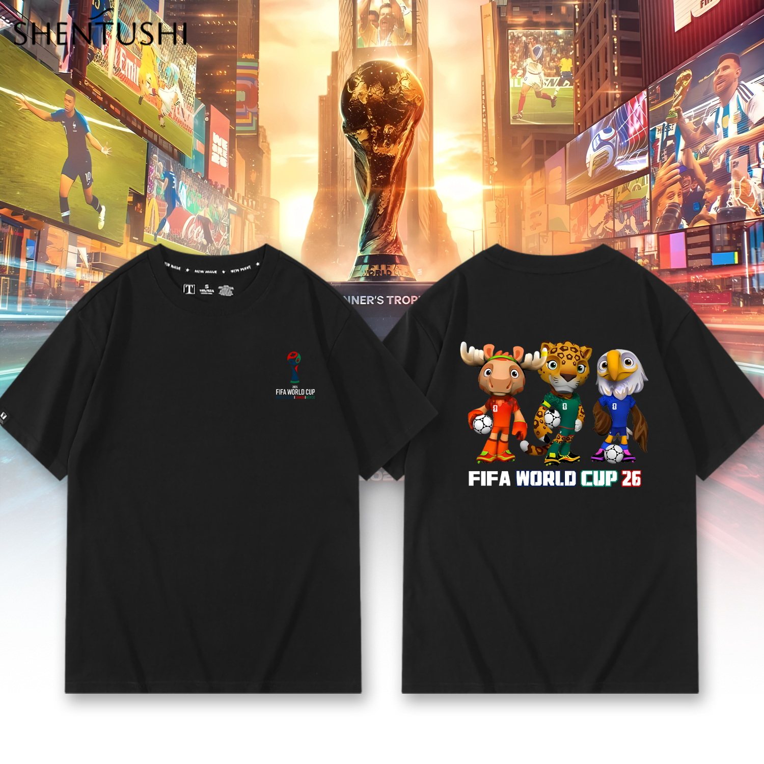 FIFA世界杯2026美加墨WorldCup吉祥物周边短袖夏季男女休闲T恤衫