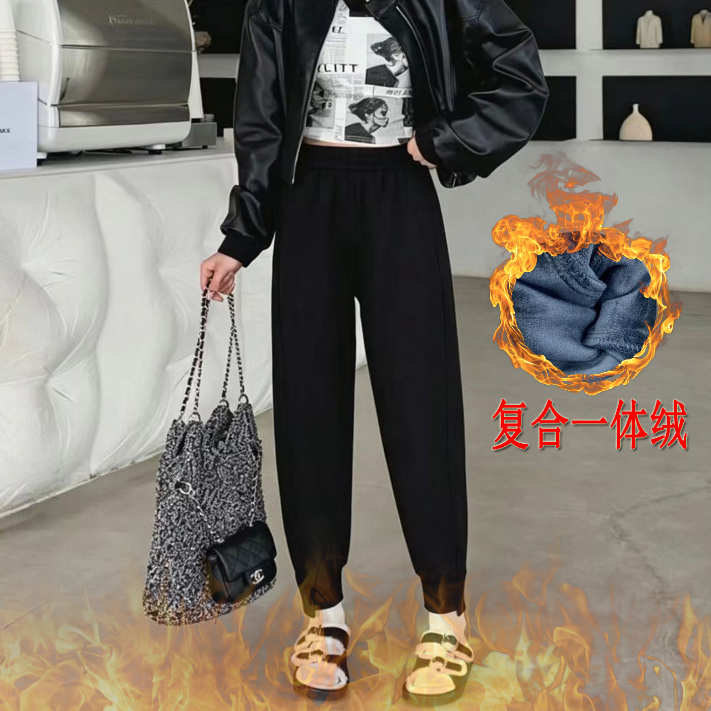 冬季高弹复合一体绒运动卫裤高腰