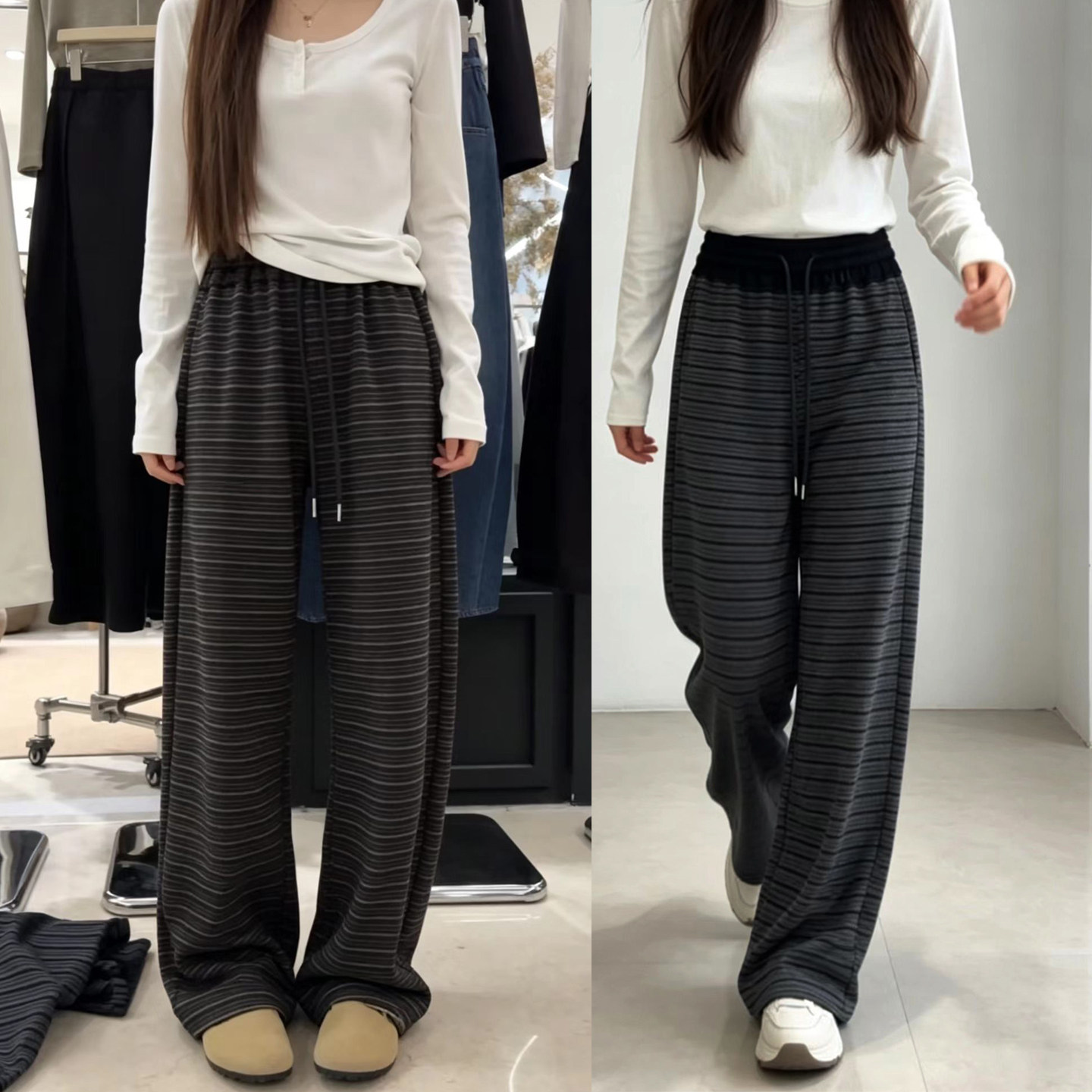 秋冬厚料休闲条纹微弯刀阔腿裤