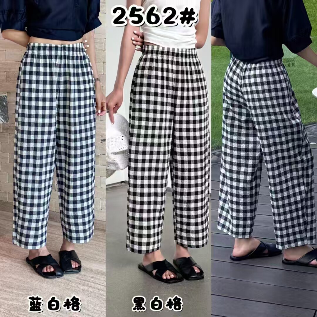 【桐桐佳新店】夏季亚麻九分怀旧格子裤女宽松透气直筒裤简谜2562