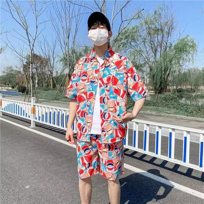 休闲套装男港风ins沙滩套装宽松