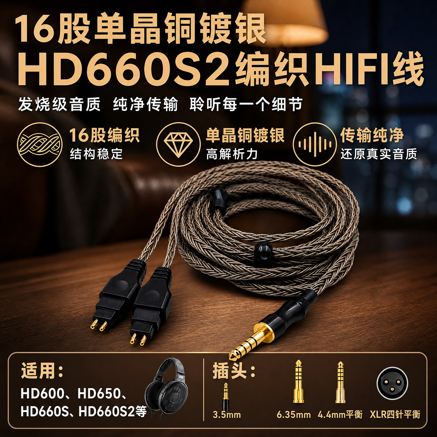 16股加粗单晶铜镀银HD650 HD660S2 HD600 4.4mmXLR平衡线耳机线