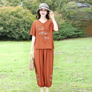 中年妈妈女士睡衣春夏薄款棉麻国风套装中老年人短袖亚麻家居服夏