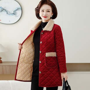 50多岁妈妈睡衣可外穿中长款棉袄加绒加厚中老年冬季家居服上衣女