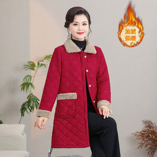 中年妈妈红色冬季睡衣中长款加绒加厚保暖棉衣棉袄家居服上衣单件