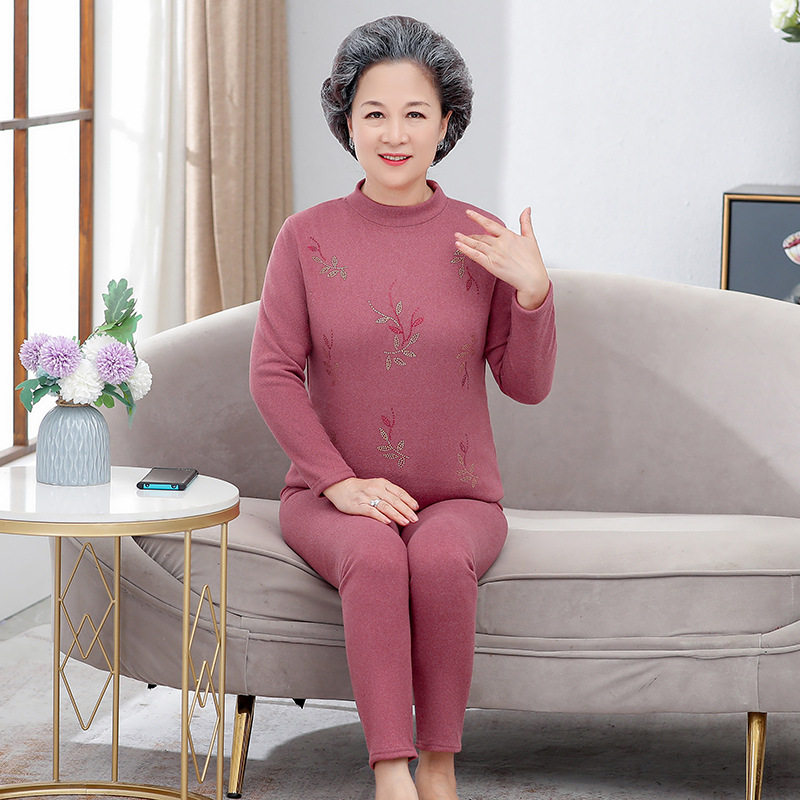 中老年人半高领睡衣德绒保暖内衣女士套装妈妈冬季加绒加厚家居服
