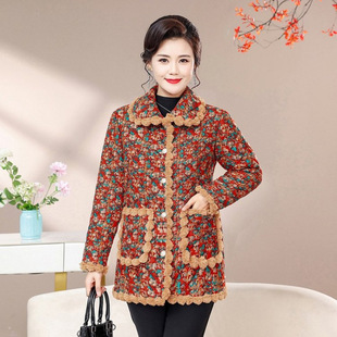 妈妈加绒加厚睡衣上衣单件冬季中长款棉袄中老年碎花保暖家居服女